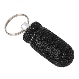 Mini Pastillero de Aleación de Aluminio, Caja de Almacenamiento de Cápsulas, Contenedor de Botella de Medicina de Viaje con Diamantes de Imitación Negros con Llavero, Pastillero Llavero