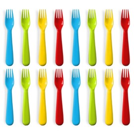 Plaskidy Plastic Toddler Forks - Set of 16 BPA Free/Dishwasher Safe Kids Utensils Brightly Colored Flatware Great for Kids