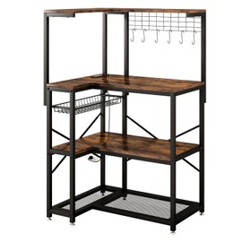 L-Shaped Bakers Rack with Power Outlet,4-Tier Corner Microwave Stand with Storage,Coffee Bar Station with 6 Hooks, Kitchen Shelf with 2 Installation Methods,for Living Room,Office,Rustic Brown