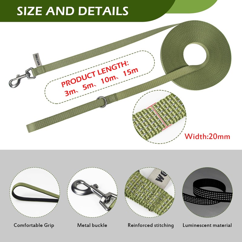 Wolfone Army Green 10m Long Line Dog Lead Strong Nylon