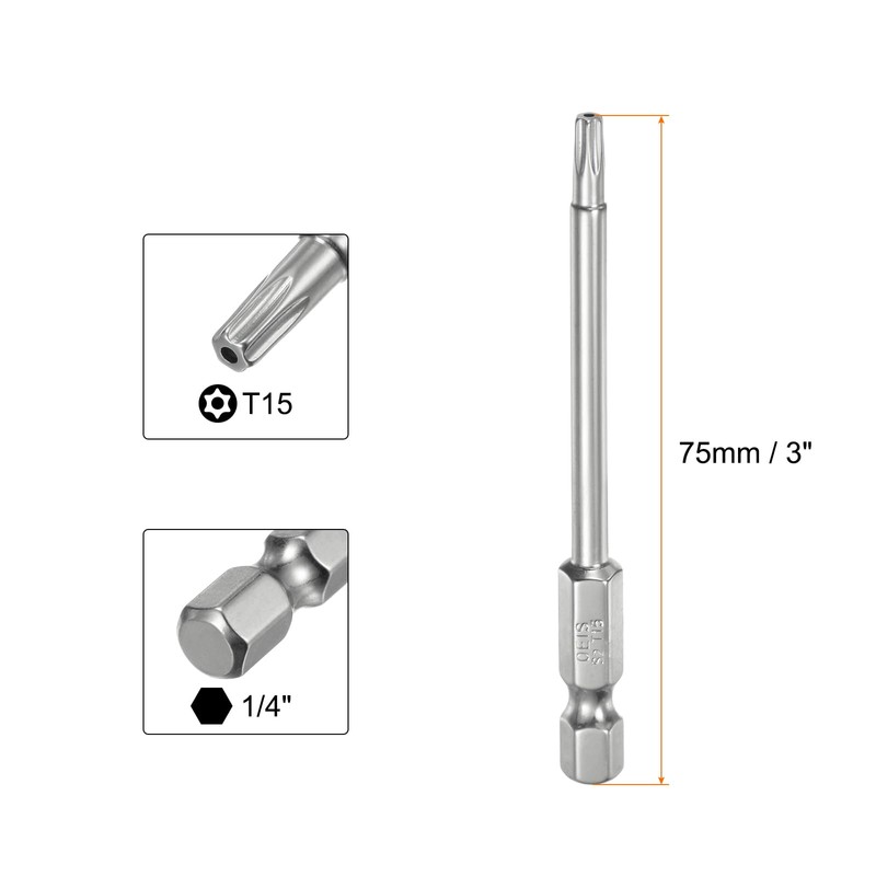 sourcing map 10pcs T15 Security Torx Bit 1/4" Hex Shank