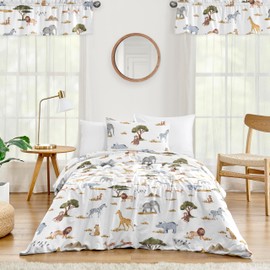 Sweet Jojo Designs Jungle Animals Boy Girl Twin Bedding Comforter Set Kids Size 4pc Hunter Green Yellow Grey Rust Orange Black White Wildlife Safari Animal Elephant Giraffe Lion Monkey Leopard Cheetah