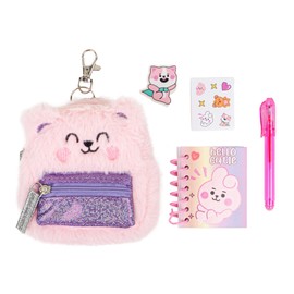 VOTUM Pink Bear Keychain Charm for Backpacks, Purses, Handbags, Car Keys with Stationery Set - Includes Mini Notebook, Gel Pen, Eraser, Stickers - Portable & Fun Gift for Tweens & Adults Ages 8+