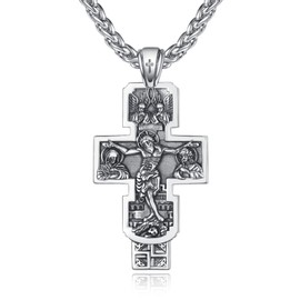 KATHLU Christian Orthodox Crucifix Jesus Cross Russian Greek 925 sterling Silver Pendant for Men Women