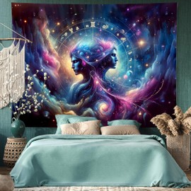 Gemini Tapestry Wall Hanging Zodiac Sign Decoration Aesthetic for Bedroom Living Room Dormitory Suitable for Teen Boy and Girl Who Like Astrology 59x51 Inches