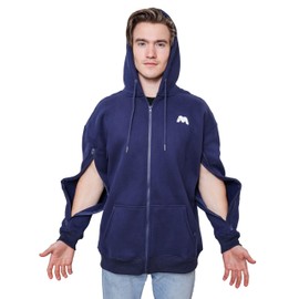 Oversized Jacket Hoodies Customized for Hemodialysis Patients with Both Arms Two Way Zippers for Men and Women (Small, Navy Blue)