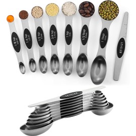 ChefAide Pack of 8 Stainless Steel Magnetic Measuring Spoons Set, Dual Sided, Stackable, Adjustable Teaspoon and Tablespoon Measure Spoon with Leveler, Kitchen Gadgets Set 5