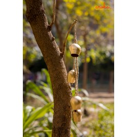 Aroha Handcrafted 4 Swiss Gold Lucky Bells on Jute Rope Wall and door Hanging decor for Home Balcony Office Cafe (Rustic Bell), Large