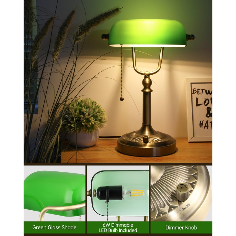 Newrays Green Glass Bankers Desk Lamp, Stepless Dimmable Table Lamp