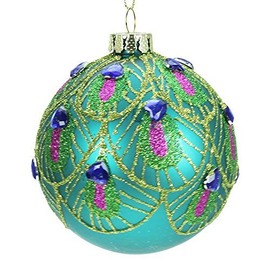 Teale Glass Christmas Bauble with Peacock Feather Pattern (8cm)