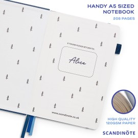 Scandinote A5 Bullet Dotted Journal - Navy Blue, 208 Pages, 120gsm Paper, Vegan Leather Cover, 3 Bookmarks, Pen Loop, Pocket, Index, 180° Lay-Flat, 5mm Dot Grid for Bullet Journaling & Planning