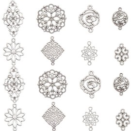 SUNNYCLUE 80Pcs 8 Styles Filigree Jewellery Connectors Silver Filigree Charms Bulk Alloy Hollow Tibetan Charm Vintage Flower Connector for Jewellery Making Earrings Necklaces Bracelets Supplies DIY