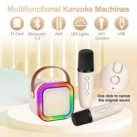 AHDXKUE Karaoke Machine 2 Microphones, Mini Karaoke Machine with LED Light, Kids Microphone Portable Karaoke Machine for Girls Birthday Presents Families Birthday Party Kids Toys (Beige)