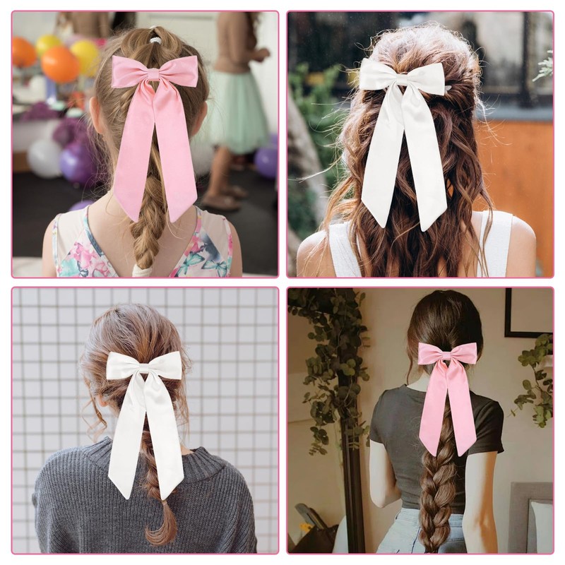 Pink & White Hair Bows - Long Tail Ponytail Clips