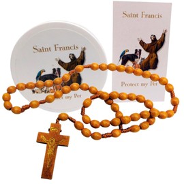 St Francis Rosary Set Wood Beads and Wooden Cross in a Case with Holy Patron Saint of Pets Prayer Card