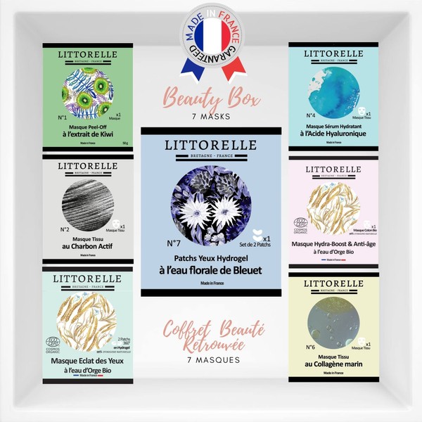 Littorelle – Box Reccovered Beauty – 7 Masks for the Face – Made in France – Fabric Impregnated with Serum, Plants, Peel-Off, Eye Patches – Complete Care Ritual – Cleaned