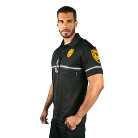 First Class Security Badge and Patch Bike Patrol Polo Shirt with Zipper Pocket and Reflective Hash Stripes (XL, Black with Gold ID)