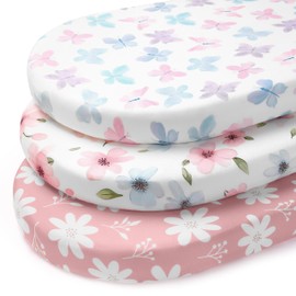 FIEMOL Baby Bassinet Sheets Girl Boy, 3 Pack Fitted Bassinet Mattress Sheets, 32”x16” Universal Fit for Cradle Moses Basket Oval Rectangle Round Hourglass Mattress, Super Soft Pink Butterfly Flower