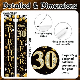 30th Birthday Party Decorations Banner - Happy 30th Birthday Party Door Porch Sign Banners Black Gold Door Banner for Women Men Birthday Party Decoration Supplies