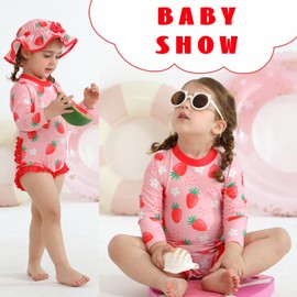 Infant Baby Swimsuit Girl Long Sleeve UPF 50+ Sun Protection One-Piece Rash Guard with Hat Zipper Bathing Suit (Strawberries,6-12 Months)
