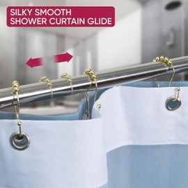 Shower Curtain Hooks Rust Proof (Set of 12) - Stainless Steel Shower Curtain Rings - Anti Slip Roller Balls for Easy Glide (Omega Double Hooks, Polished Gold)