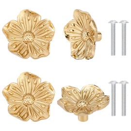 DELORIGIN Pack of 4 Flower Shaped Brass Cabinet Knobs, Gold Knobs for Cabinets, Brushed Drawer Knobs, Chest of Drawers, Cabinet Fittings, Handles for Drawers, Bathroom, Cabinet, Wardrobe