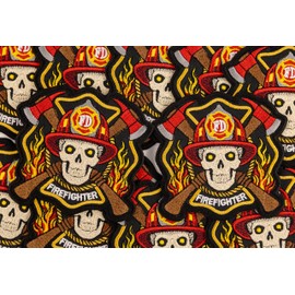 Skull in a Fireman's Helmet Against a Background of fire and Crossed Axes. Embroidered Patch Iron On. Size 3.5 x 3.7 inches.