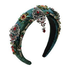 Luxury Baroque Big Wide Crystal Headband for Women Pearl Rhinestone Bead Decorative Hairband Jeweled Head Hoop Party Accessories (HDDY1079-green)