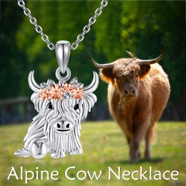 POPLYKE Highland Cow Necklace for Women 925 Sterling Silver Cow Pendant Necklace Highland Cow Jewelry for Women Cow Lover