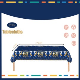 Navy Blue Gold 60th Table Cloth, Happy 60th Birthday Tablecloth for Men Women, 137*274cm Plastic Tablecloths Table Cover Decorations