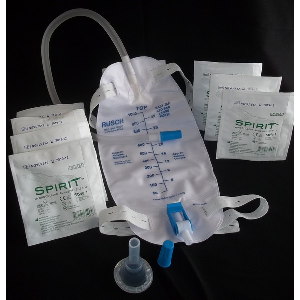 Urinary Incontinence Kit, One-Week, 7-Condom Catheters Self-Seal Spirit External 32mm (Intermediate), Premium Leg Bag Tubing, Straps & Fast and Easy Draining
