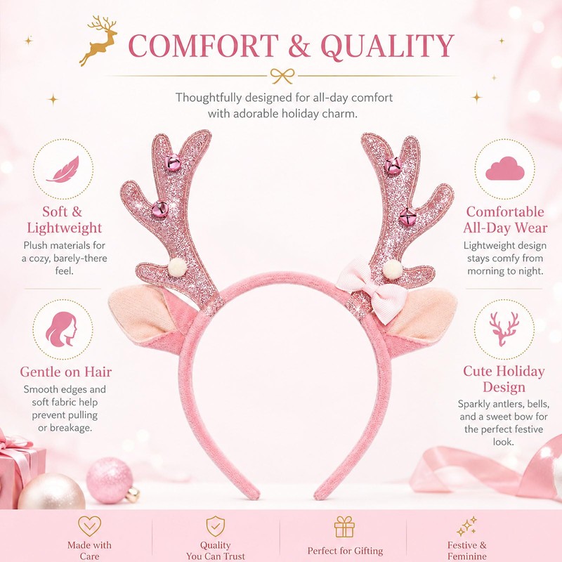 Pink Reindeer Antler Headband Glitter Bow Elk Bells Hair Hoop