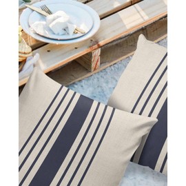 Outdoor Waterproof Throw Pillow Cover Modern Navy Blue White Stripe Decorative Pillows Cushion Covers Retro Linen Texture 2 Pack Pillow Cases for Patio Garden Balcony Couch Sofa 18x18in