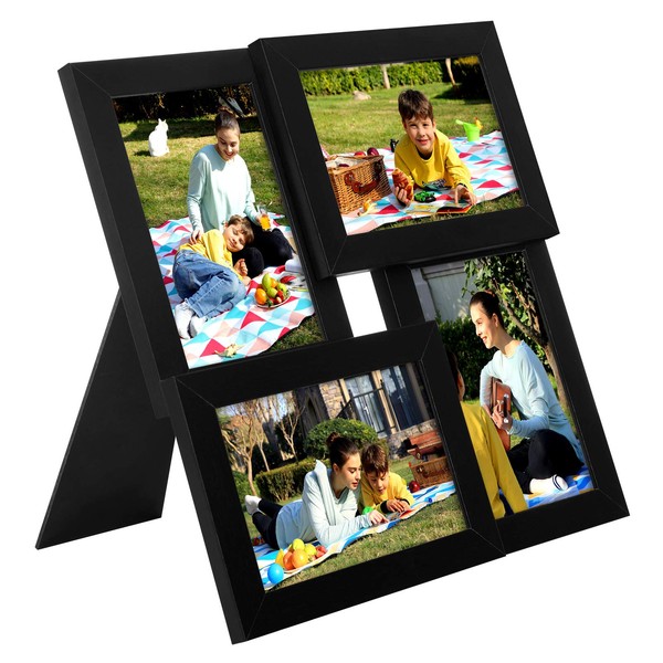 SONGMICS Collage Picture Frames, for four 4 x 6 Inches Photos, Photo Frame with Glass Front, Wood Grain, Wall-Mounted or Tabletop Stand, Black URPF25BK