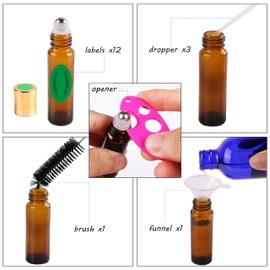 inice 12 Pack Amber Galss Roller Bottles,10ml Roll On Bottles Stainless Steel Roller Balls Metal Cap for Aromatherapy Essential Oils