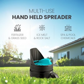 AquaDoc Handheld Seed Spreader for Lawns, Fertilizer, Snow Salt - Multi-use Hand Spreaders for Lawns, Spa & Pool Chemicals with Multiple Size Openings - 2.5L Capacity