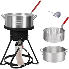 Red Mountain Valley 10.5 Qt Outdoor Propane Fish Fryer Pot Kit with Aluminum Strainer Basket, Thermometer for Boiling and Frying, 50,000 BTU Burner, 0-5 PSI Regulator, Full CSA Approved Fish Cooker