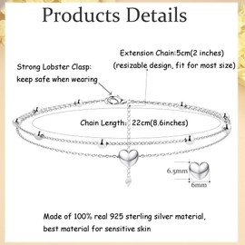 PATISORNA Anklet for Women 925 Sterling Silver Ankle Bracelet 18K White Gold Plated Heart Beads Layer Ankle Bracelet Ajustable Foot Ankle Bracelet Beach Jewelry