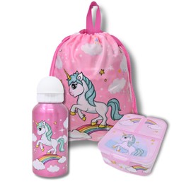 damaloo Unicorn Children's Backpack Set for Girls - Lunch Box, Water Bottle & Gym Bag - 3-Piece Nursery Backpack Set - Children's Bento Lunch Box with Aluminium Bottle and Change Bag Children