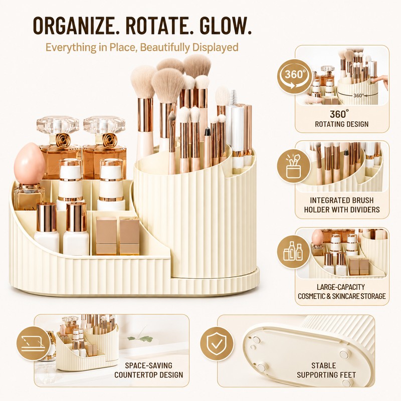 360° Rotating Makeup Organizer with Brush Holder – Large Vanity