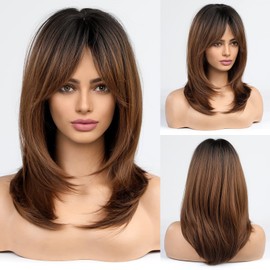 EMMOR Ombre Brown Wigs for Women, Long Layered Wigs with Bangs, Heat Resistant Synthetic Fibre Wigs...