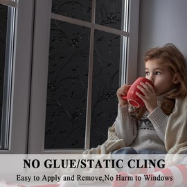 Mikomer Total Blackout Window Film,100% Light Blocking Privacy Glass Door Film Etched Flowers,Room Darkening Window Cling,No Glue/Heat Control/Anti UV for Day Sleep & High Privacy,35In. by 78.7In.