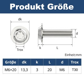 Pack of 20 M6 x 20 mm Rounded Head Screws with Flange Torx Drive Stainless Steel A2 Screws with Torx Key