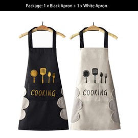 DILLMAN Women Kitchen Apron with Hand Wipe Pockets，Big Pocket,Hand-wiping, Waterproof for Cooking Baking, Black + White, Large