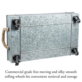 MyGift Galvanized Rolling Shoe Rack Boot Tray, Underbed Storage Cart with Wheels and Rope Handles for Entryway, Mudroom, Closet