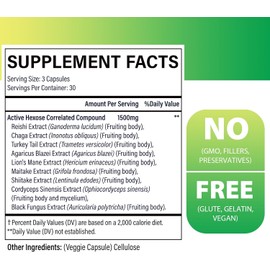 Active Hexose Correlated Compound 1500 mg Supplement, Natural 8 Mushroom Extract Supplement, Immune System, Liver Function, Natural Killer and T Cells Activity, 180 Veggie Capsules