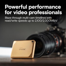 Crucial X10 Pro 2TB Portable SSD, Up to 2,100MB/s Read, 2000MB/s Write, USB 3.2 USB-C, External Solid State Drive, Durable Storage for Professional Creators, Gold - CT2000X10PROSSD9D02
