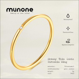 munone 1mm Skinny Thin Solitaire Flush Set Cubic Zirconia Stackable Band Ring for Women Men,14k Gold Plated Titanium Comfort Fit Band Rings