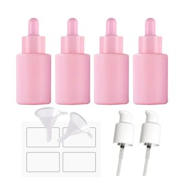 AGENIZ 4 Pack 1oz Glass Dropper Bottle,Pink Glass Dropper Bottles with 2 Funnels & 2 Lotion Pumps,30 ml Eye Dropper Bottles For Essential Oils,Serums,Lotion,Tincture Bottles (B - Pink)