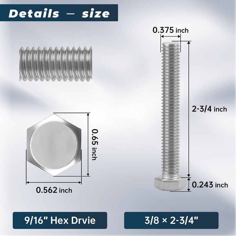 6 Sets Glvaner 3/8-16 x 2-3/4" Stainless Steel Hex Head